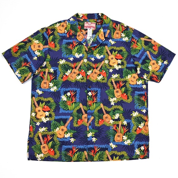 RJC Shirt Men's Ukulele Lei Coastal Beach Hawaiian‎ Aloha Party Floral XL Casual - Picture 2 of 7